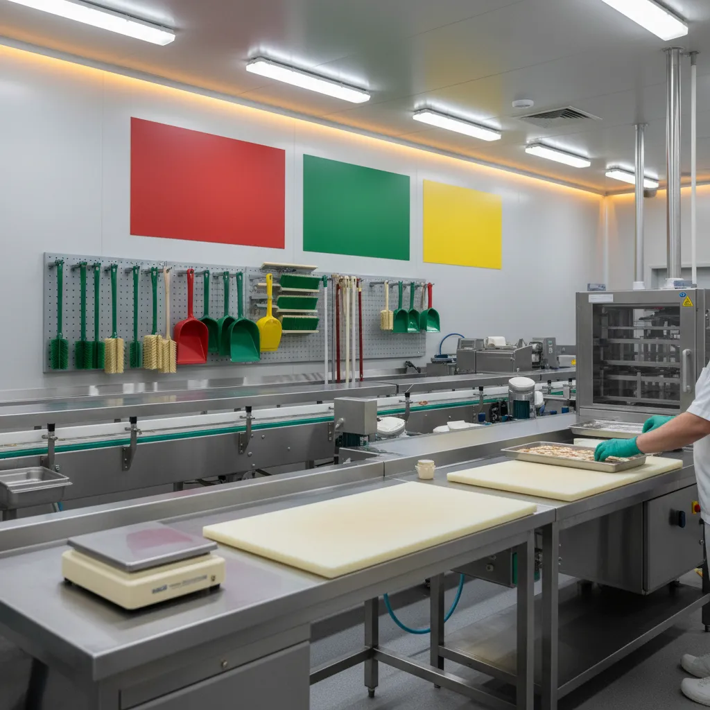 Color-coded allergen signage and cleaning equipment on a stainless steel production line