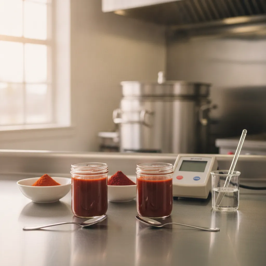 Two small glass jars of deep red chile sauce side by side on a stainless test-kitchen bench, with two bowls of ground red chile in slightly different shades and a pH meter beside them.