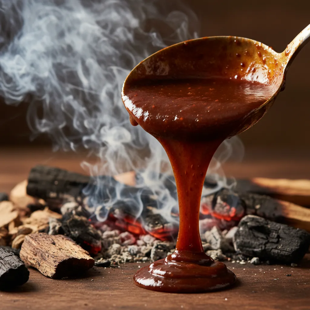 Rich BBQ sauce being poured with visible texture and depth alongside smoking wood chips