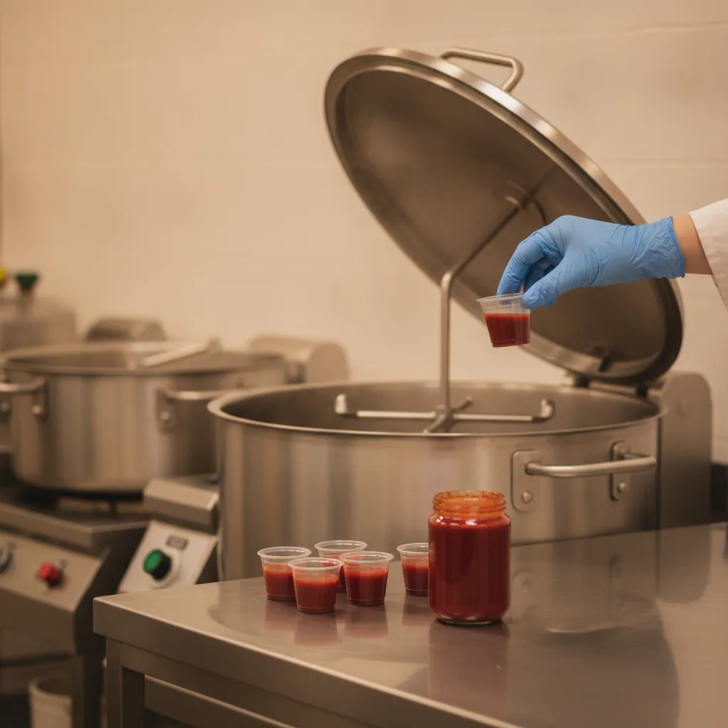 A large stainless steam-jacketed kettle on a production floor, with a smaller kettle behind it and a bench of sauce sample cups and a reference jar in front.