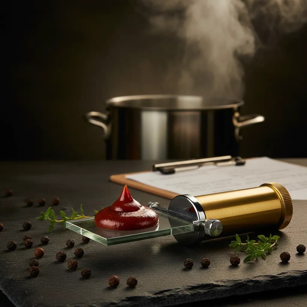 Refractometer reading a sample of dark BBQ sauce next to a labeled jar in a quality lab