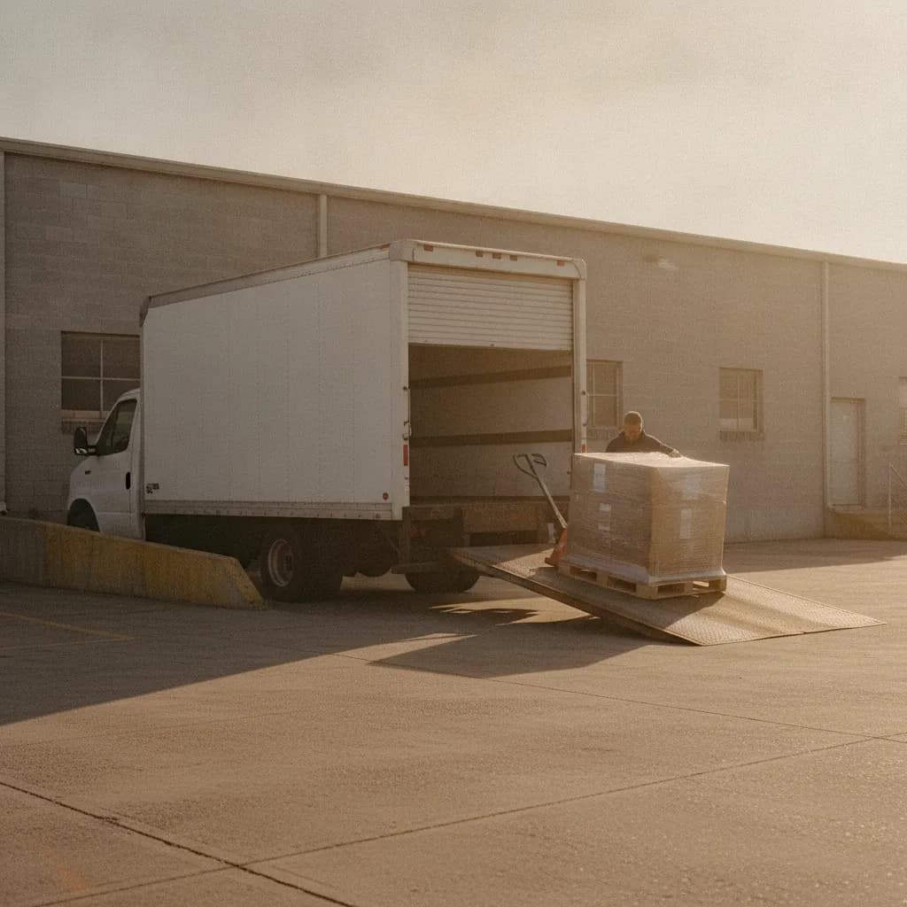 A pallet of cased sauce jars on a loading dock beside a delivery van and a grocery shelf display, illustrating routes to retail