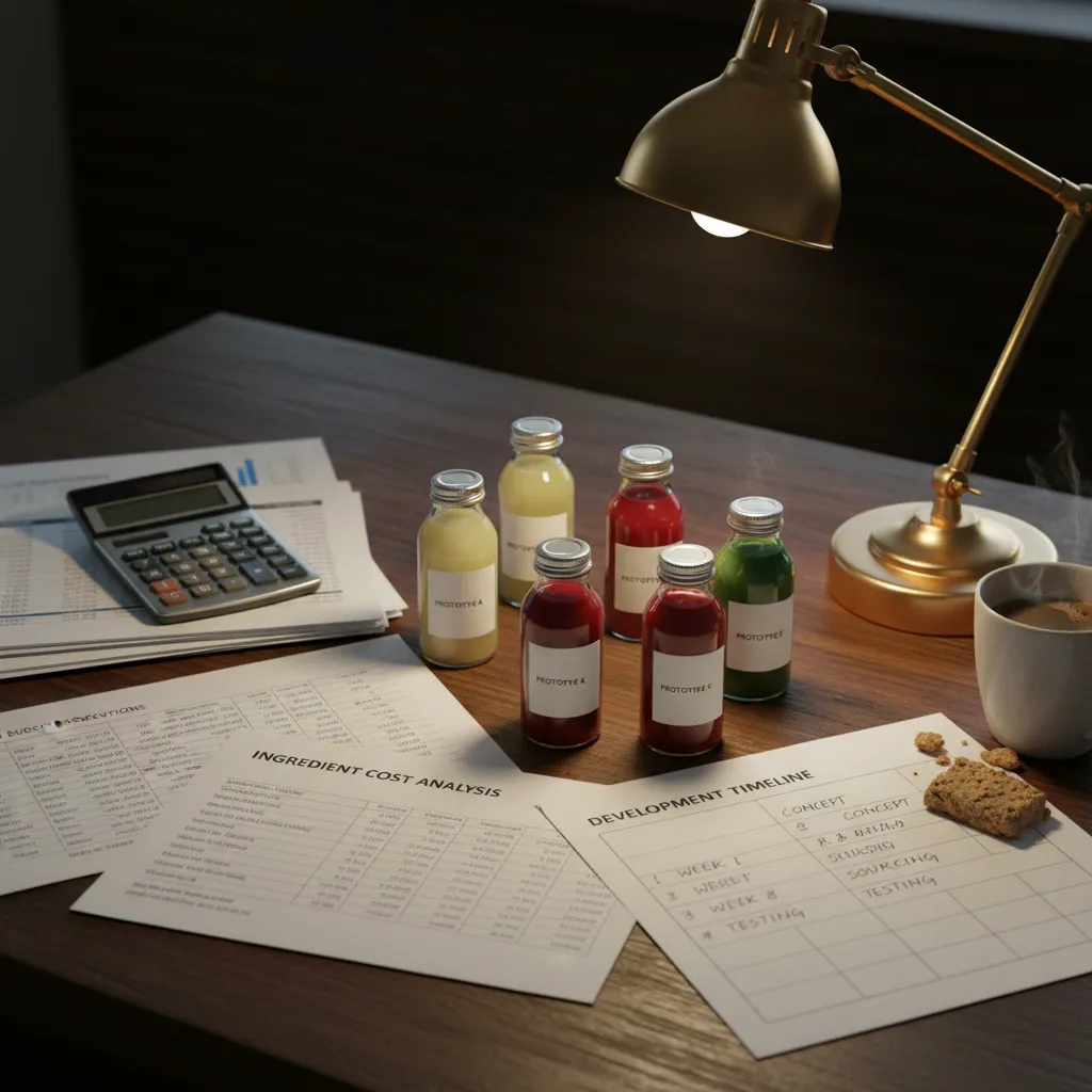 Planning workspace with food product samples, financial documents, and development notes