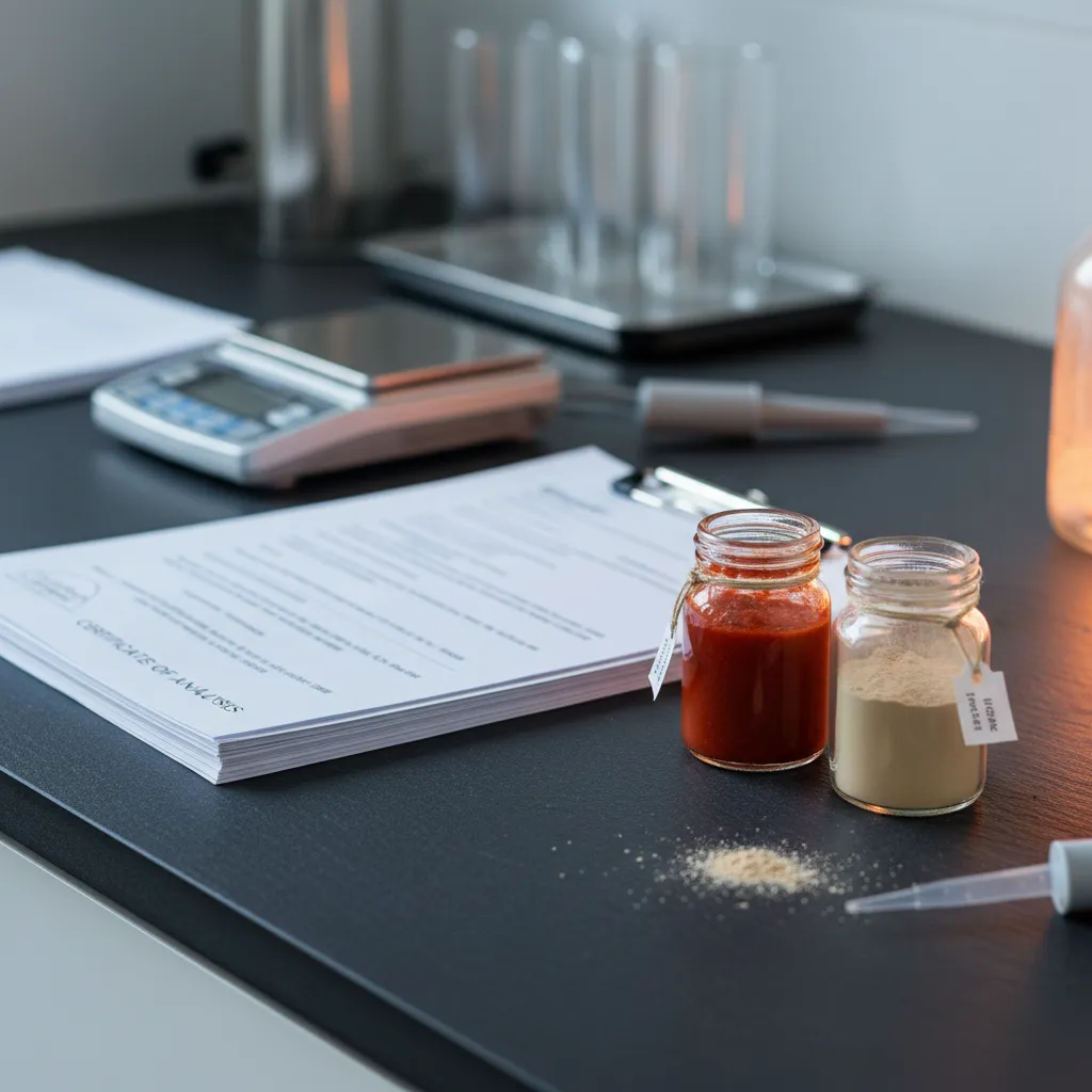 A stack of ingredient documents and spec sheets next to sealed ingredient samples in a quality lab setting