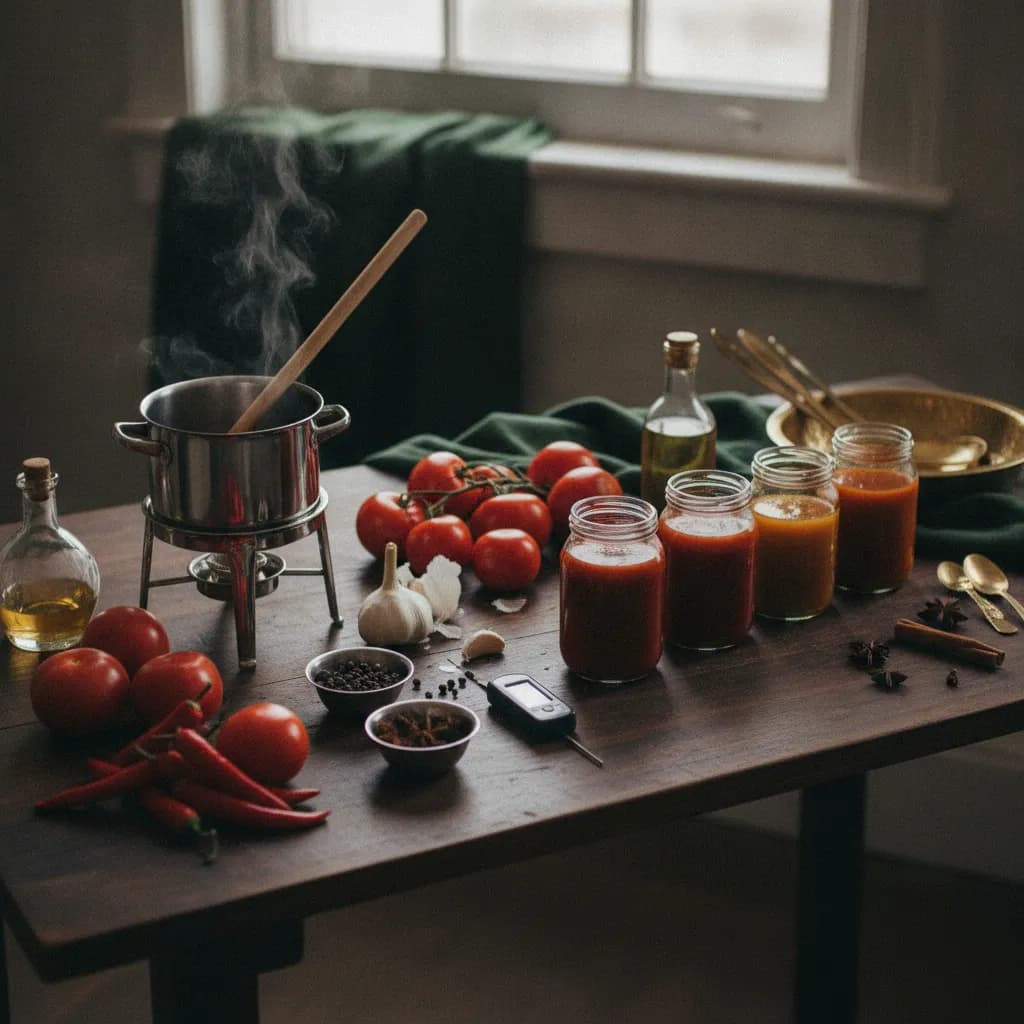 Warm overhead editorial view of a small-batch sauce production table with fresh whole ingredients, glass jars, a stainless kettle, and simple lab tools in soft natural light