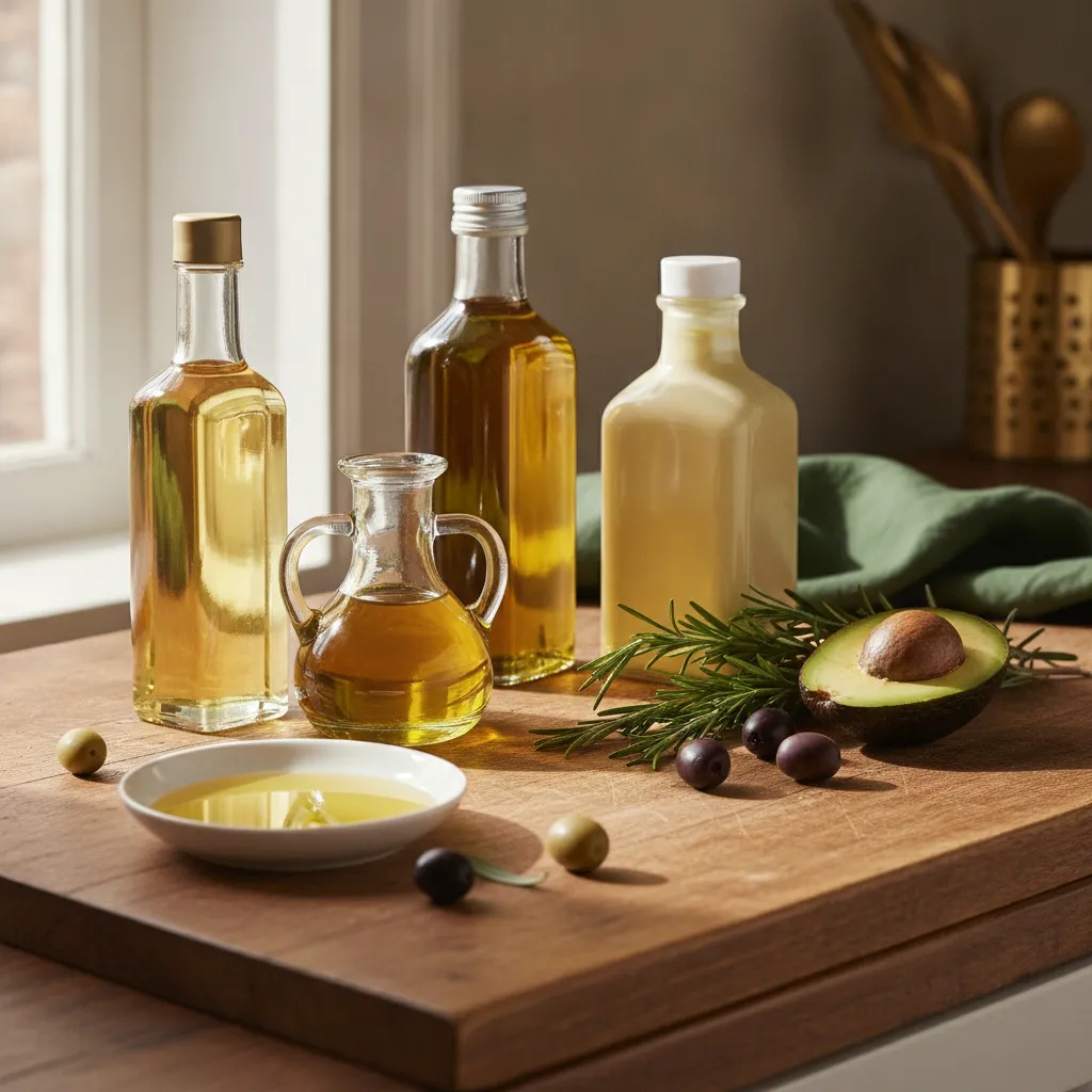 Clear glass bottles of olive, avocado, and sunflower oil in graded golden hues beside fresh rosemary sprigs, whole olives, and a wooden spoon on a sunlit kitchen counter