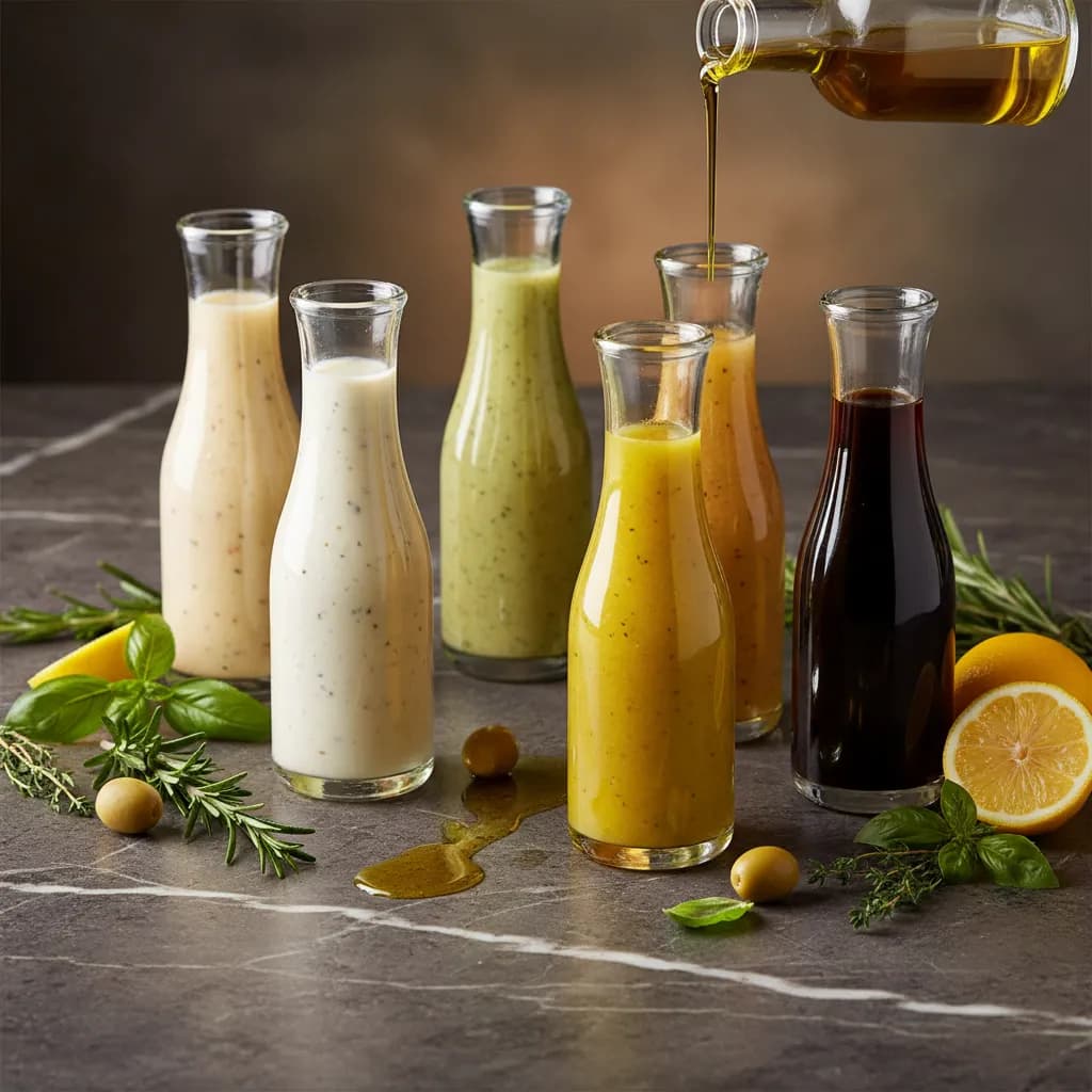 Elegant salad dressings in glass bottles with fresh herbs and olive oil visible