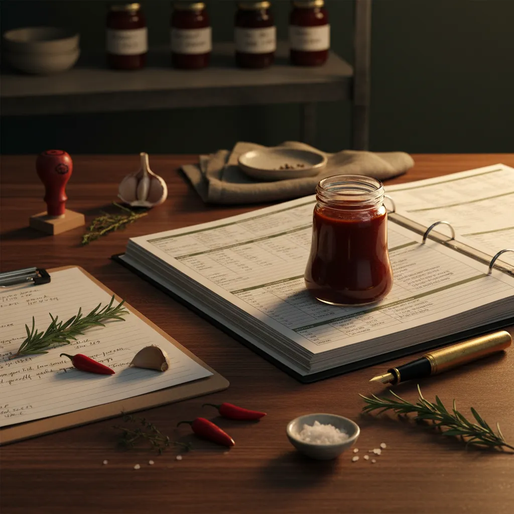 Printed co-manufacturing brief document open on a desk next to sauce samples and a clipboard at a co-packing facility