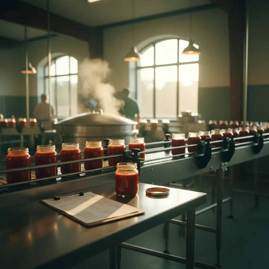 Rows of filled sauce jars moving down a co-packing line with a clipboard showing production run numbers
