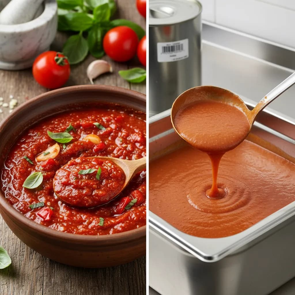 Split comparison of a home-cooked sauce and factory-produced version highlighting the quality gap