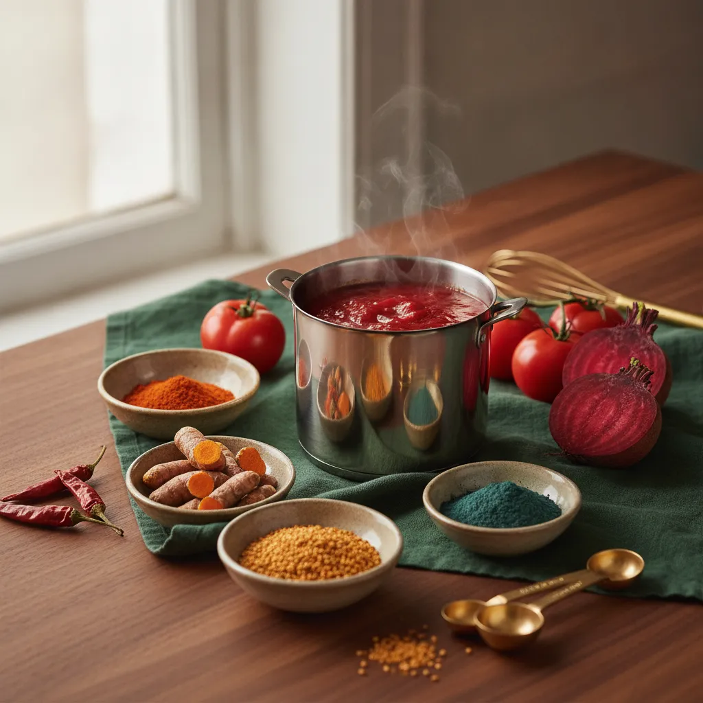 A small stainless kettle of glossy deep-red pepper sauce simmering beside bowls of paprika, turmeric root, halved beets, and blue-green spirulina powder in warm natural light