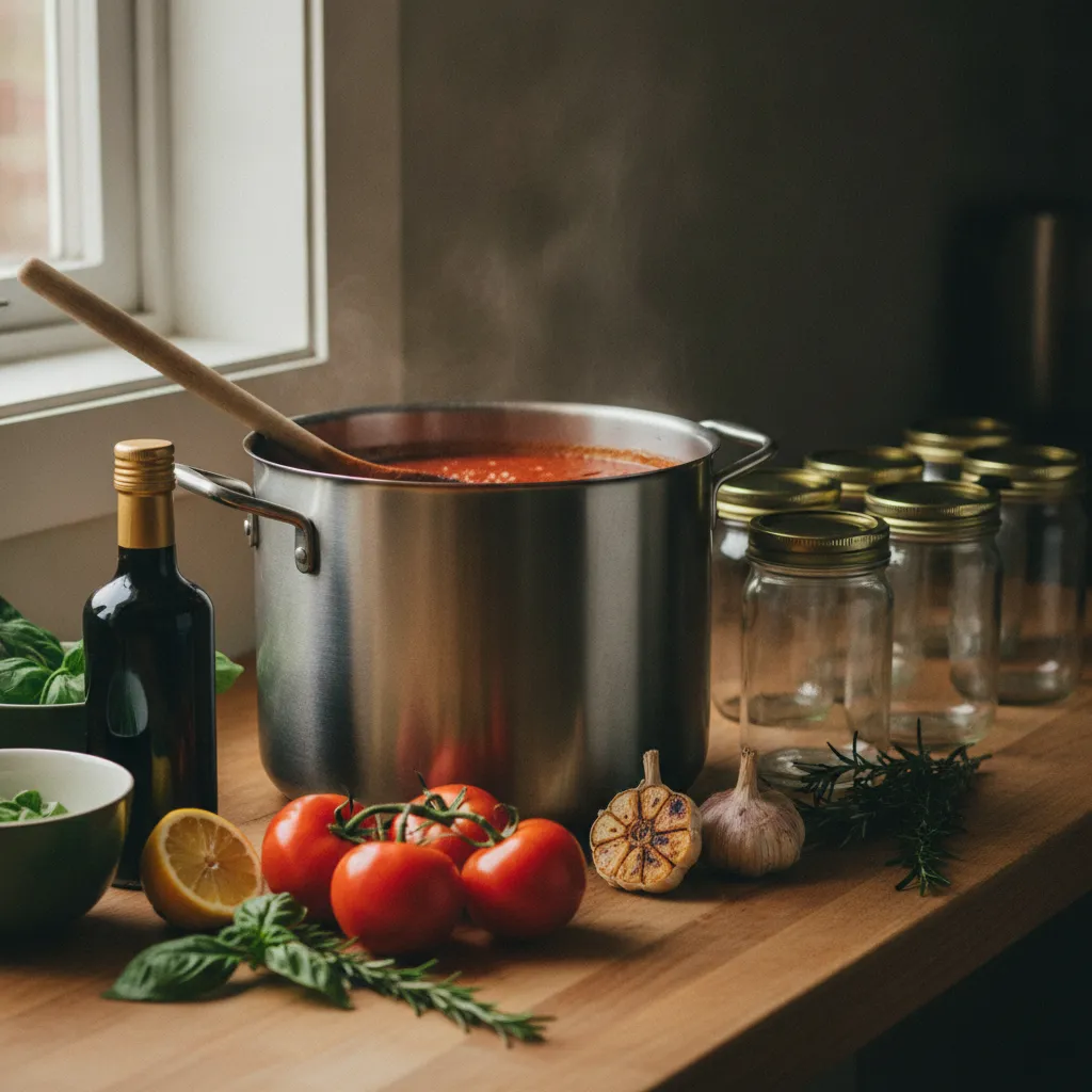 Warm overhead view of a small-batch commercial kitchen bench with a stainless steam kettle of simmering red sauce, empty glass jars, and fresh whole ingredients in soft natural light