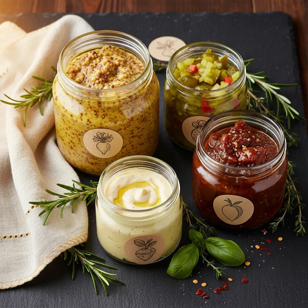 Variety of artisan condiments in glass jars with fresh herb and spice garnishes