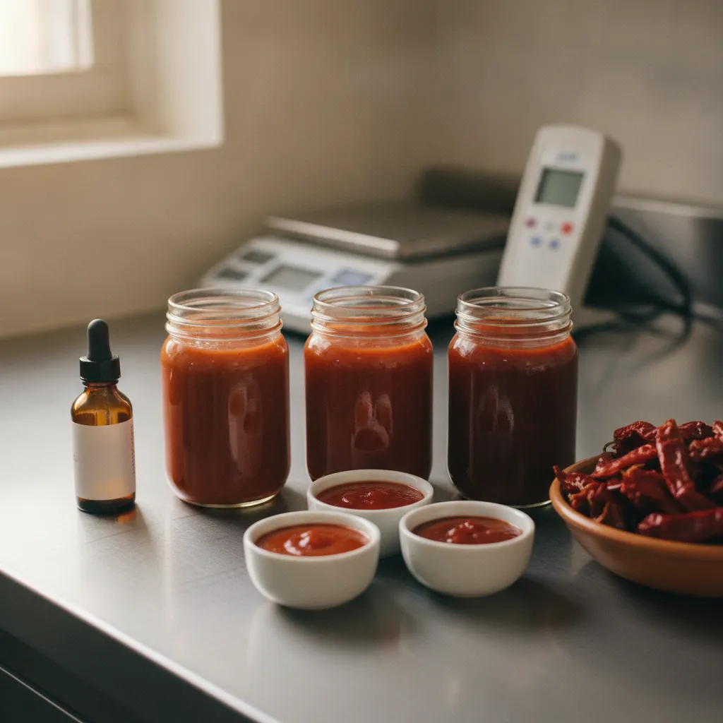 Three blank glass jars of red chile sauce in light, medium, and deep shades on a stainless steel test-kitchen bench, with tasting cups and a bowl of dried chiles.