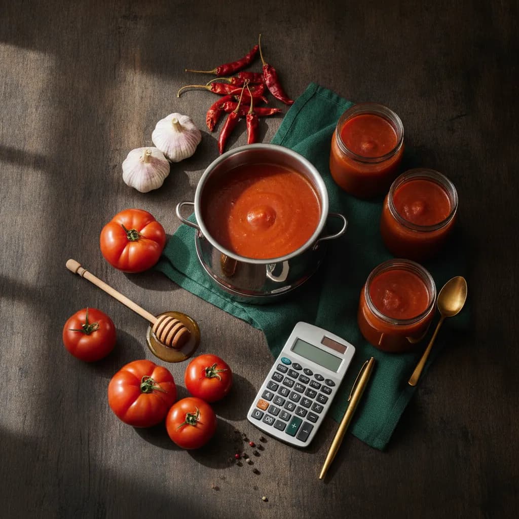 Warm overhead shot of a stainless kettle of finished tomato sauce, filled glass jars, and fresh whole ingredients on a dark wood table in natural light, with a calculator and pen nearby suggesting cost work