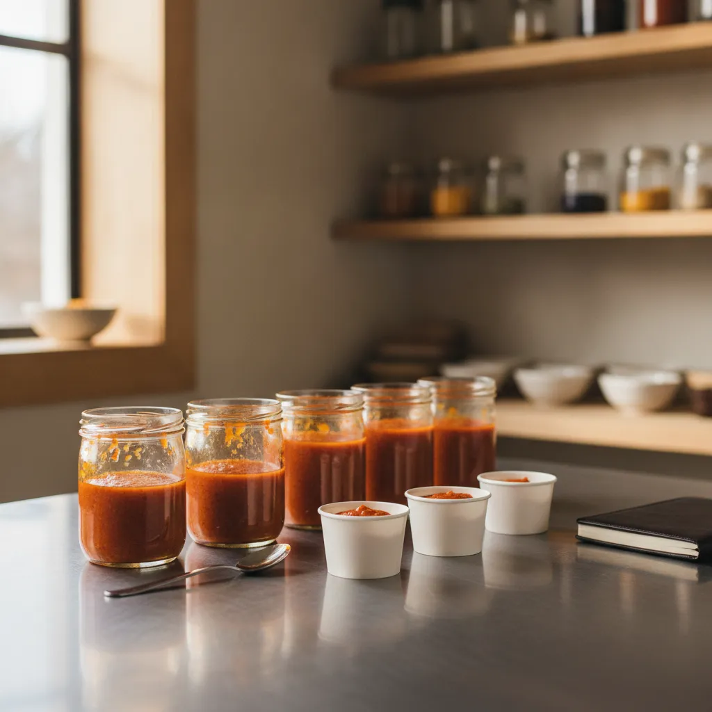 A row of five open glass jars of red-orange sauce on a stainless test-kitchen bench, with a tasting spoon, three paper sample cups, and a dark notebook.