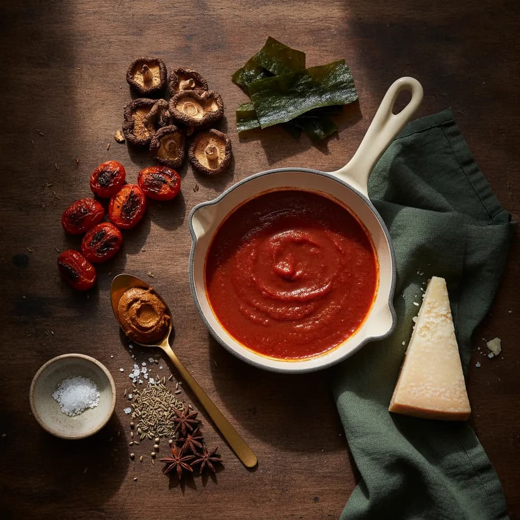 Roasted tomatoes, dried mushrooms, a bowl of miso, and strips of kombu arranged on a rustic wooden board beside a small dish of flaky finishing salt in warm natural light