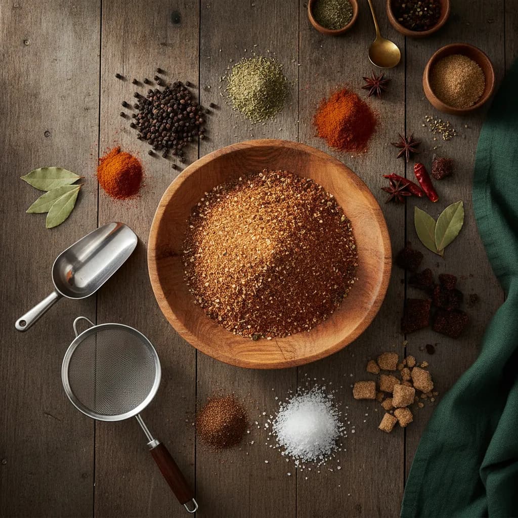 Warm overhead view of a coarse barbecue dry rub in a wide wooden bowl surrounded by whole and cracked spices, smoked paprika, flaky salt, granulated garlic, and brown sugar on a dark rustic table in natural light