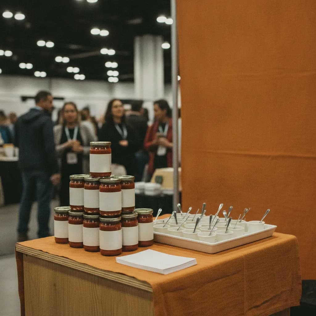 A small brand's trade show booth with sauce jars, sampling cups and sell sheets on a counter at a busy natural products expo
