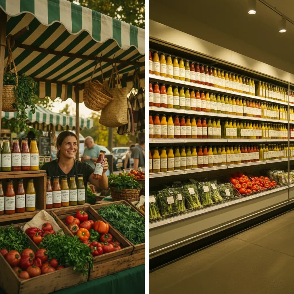 Journey visualization from a vibrant farmers market booth to organized retail grocery shelves