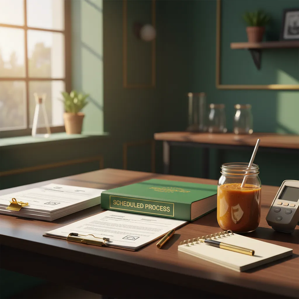 Official-looking documents and a pH meter arranged on a dark desk suggesting food safety compliance work
