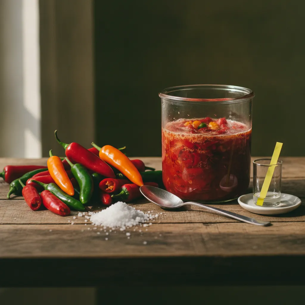 Whole and sliced red and green chili peppers with coarse salt beside a glass fermentation jar of bubbling pepper mash on a rustic wooden table in warm natural light