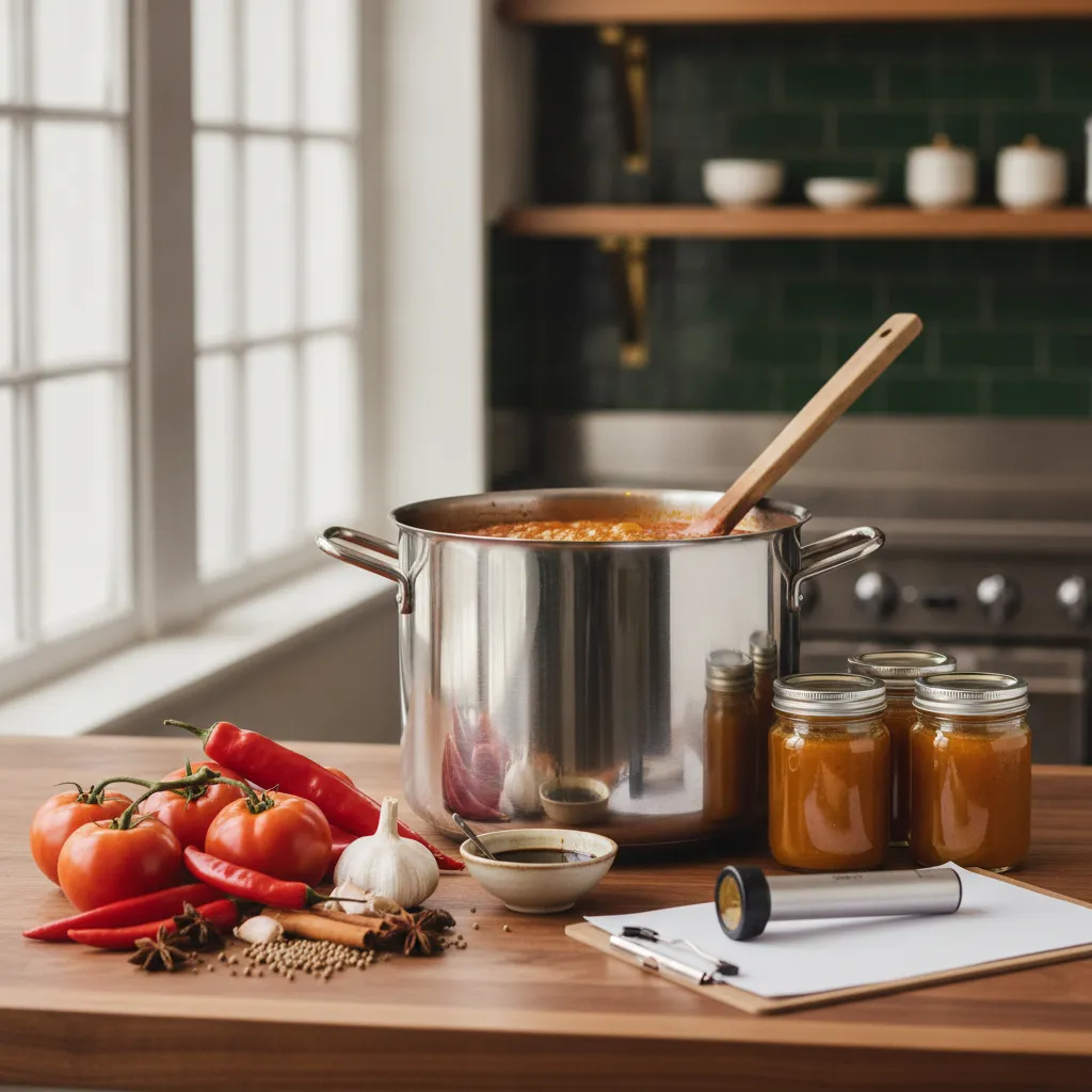 A stainless steel steam-jacketed kettle in a small-batch sauce kitchen with fresh whole ingredients, clear glass jars of finished sauce, and a refractometer on a warm wood counter in natural light