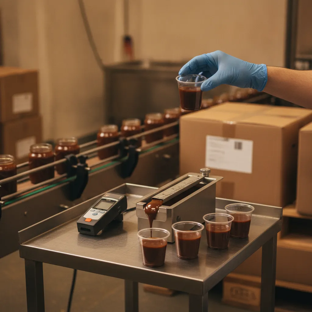 A gloved hand lifting a sample cup of brown sauce at a stainless QC table beside a jar conveyor, with a handheld meter, a consistometer, and four more sample cups on the table.
