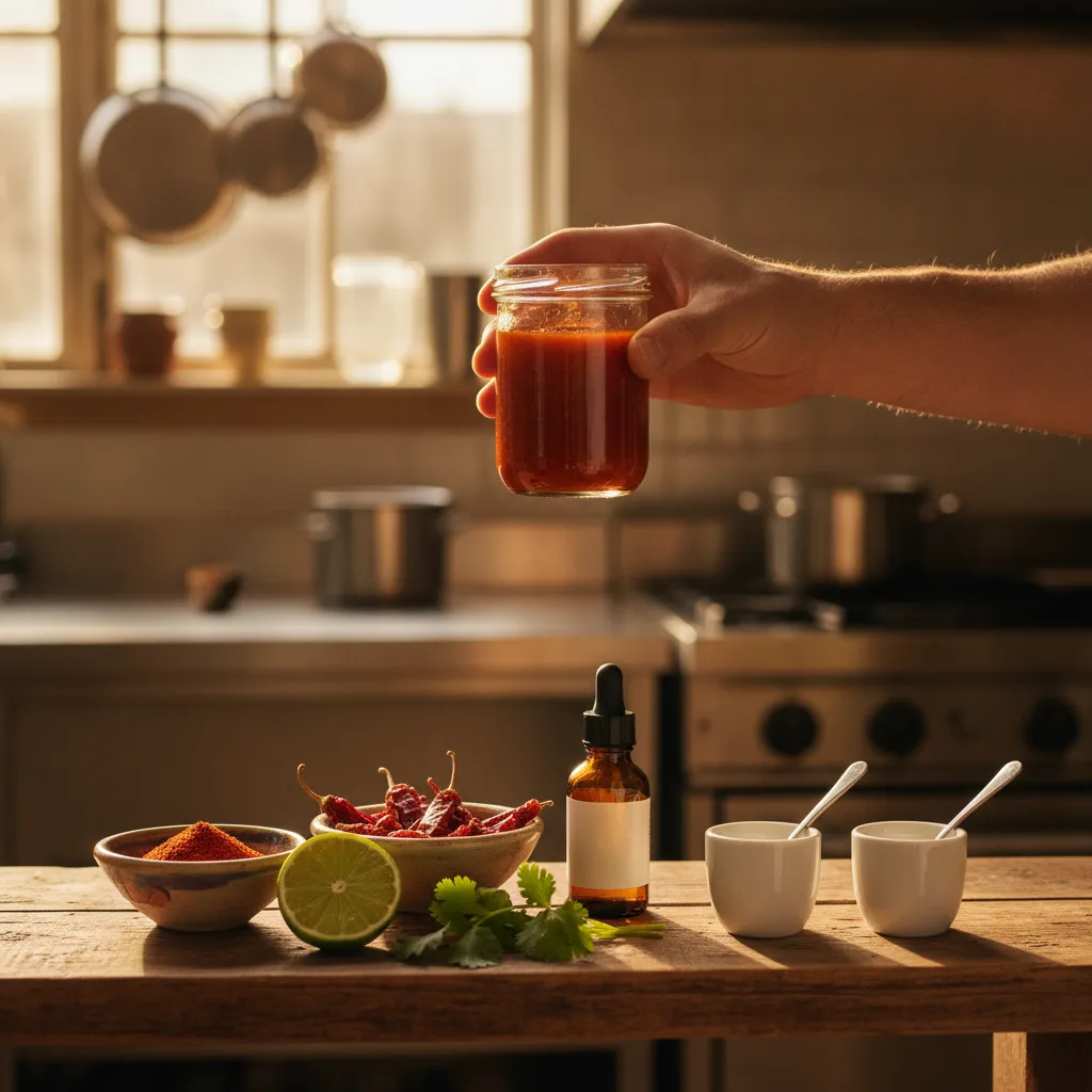 A hand holds a small glass jar of deep red-orange chile sauce up to window light above a wooden bench with bowls of paprika, dried chiles, and a halved lime.