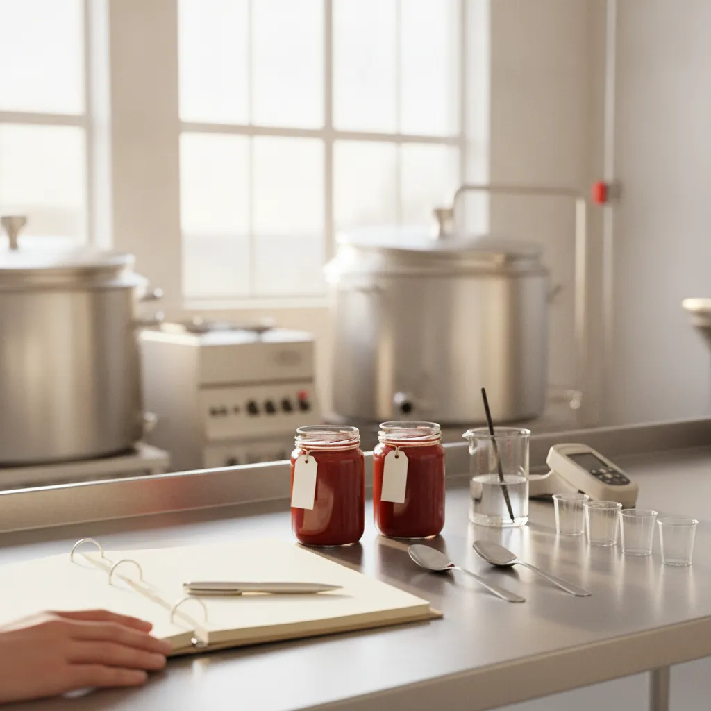 Two small glass jars of red sauce side by side on a stainless steel bench, beside an open spec binder, tasting spoons, sample cups, and a pH meter.