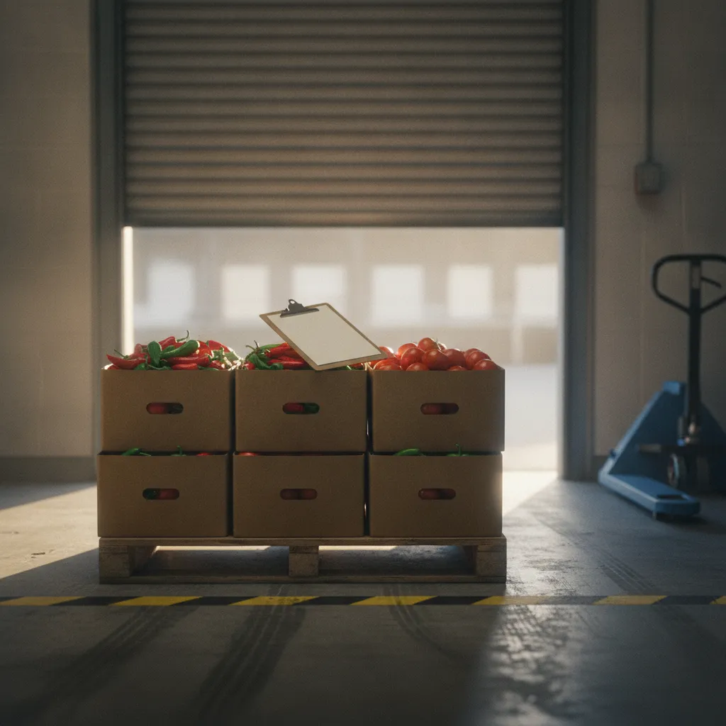 Cases of fresh peppers and tomatoes on a receiving dock beside a clipboard of lot-coded receiving records in a small food production facility