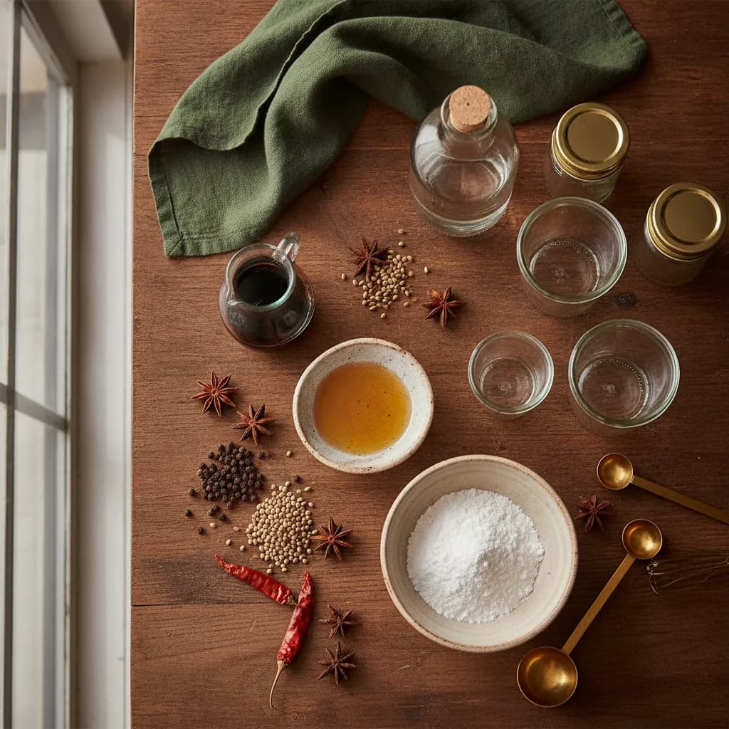 A glass cruet of dark tamari and a dish of amber coconut aminos beside whole dried spices, a bowl of tapioca starch, a bottle of clear distilled vinegar, and empty glass jars on a dark wooden prep table in warm natural light