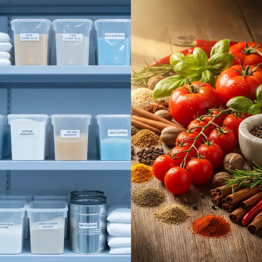 Split image showing processed additives on one side and premium whole ingredients on the other