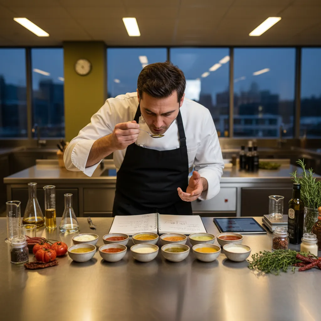 Professional chef-developer in a test kitchen evaluating sauce formulations
