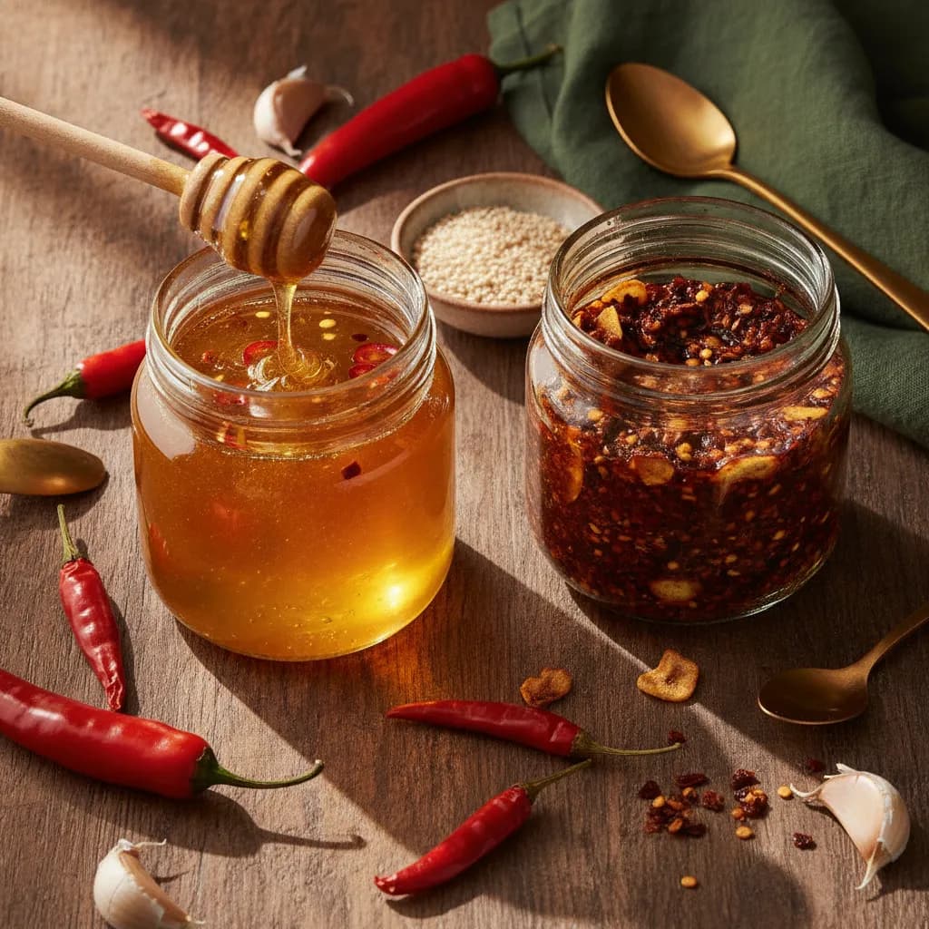 Two open glass jars, one of glossy amber hot honey with red chili flakes and a wooden dipper, one of deep-red chili crisp with crunchy fried garlic and chilies in oil, on rustic dark wood with fresh red chilies and garlic in warm natural light