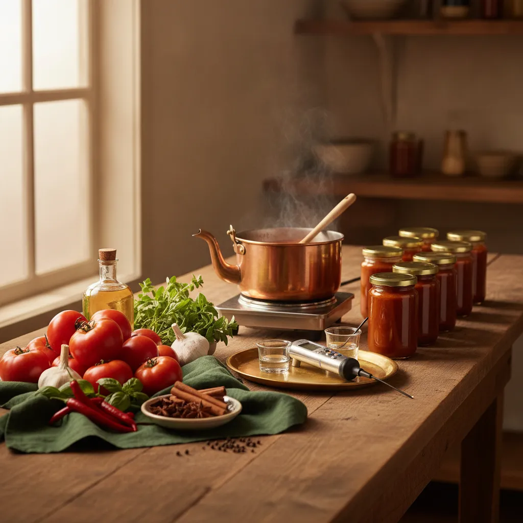 Warm overhead view of a wooden workbench with fresh tomatoes, garlic, chilies and herbs on one side, a copper kettle and stainless lab tools in the middle, and a row of clean glass jars of finished sauce on the other, in soft natural light