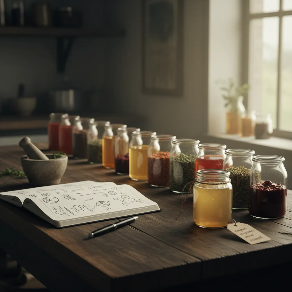 Rows of ingredient sample jars on a lab bench with one marked for substitution during a reformulation session