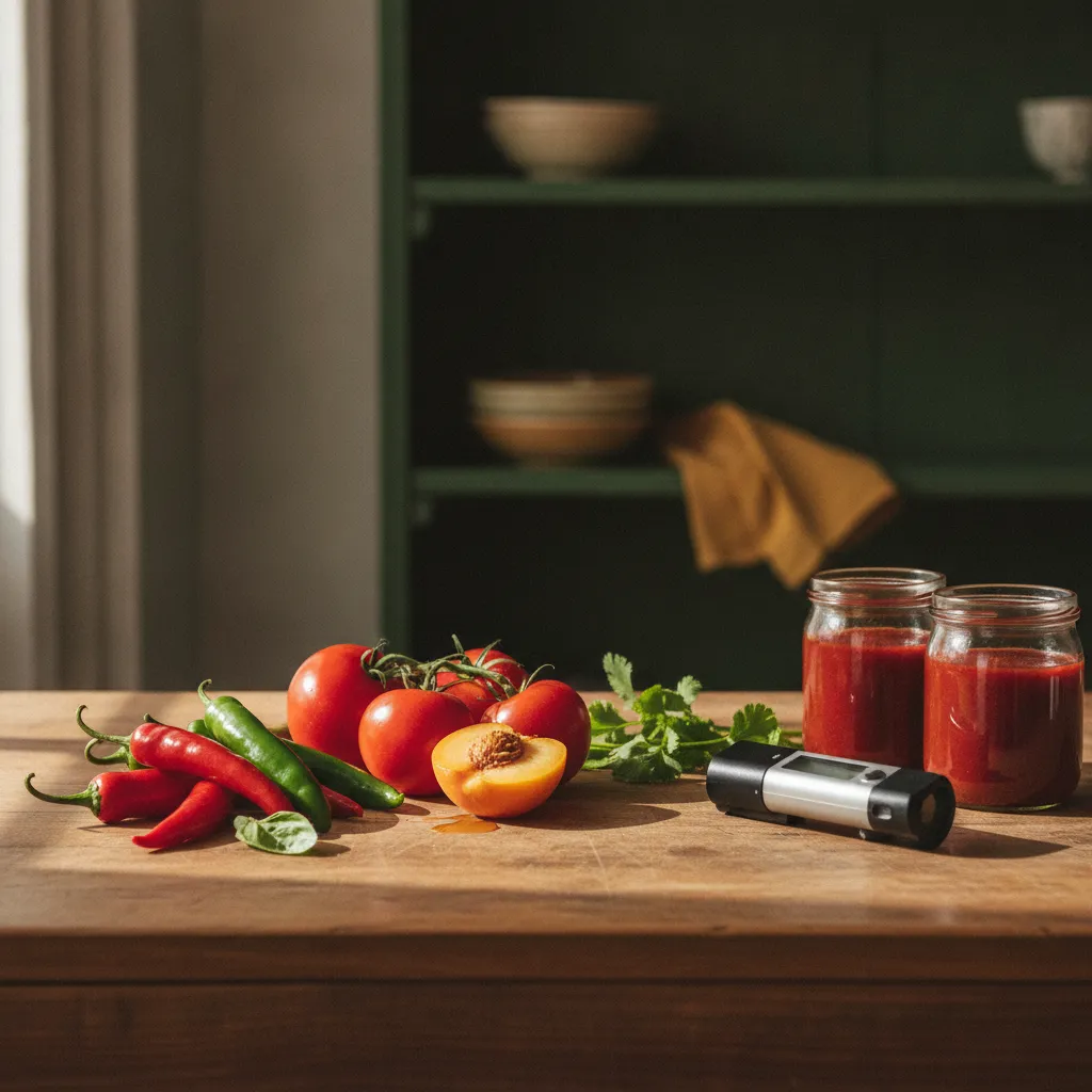 Fresh seasonal chilies, ripe tomatoes, and cut herbs arranged beside glass jars of concentrated puree on a rustic wooden counter in warm natural light