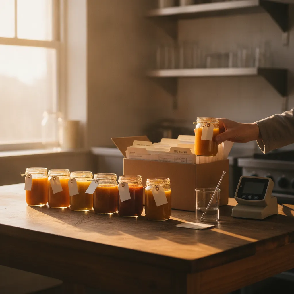 A row of small sauce jars from different lots on a wooden test-kitchen table, beside an open archive box of folders and a benchtop pH meter.