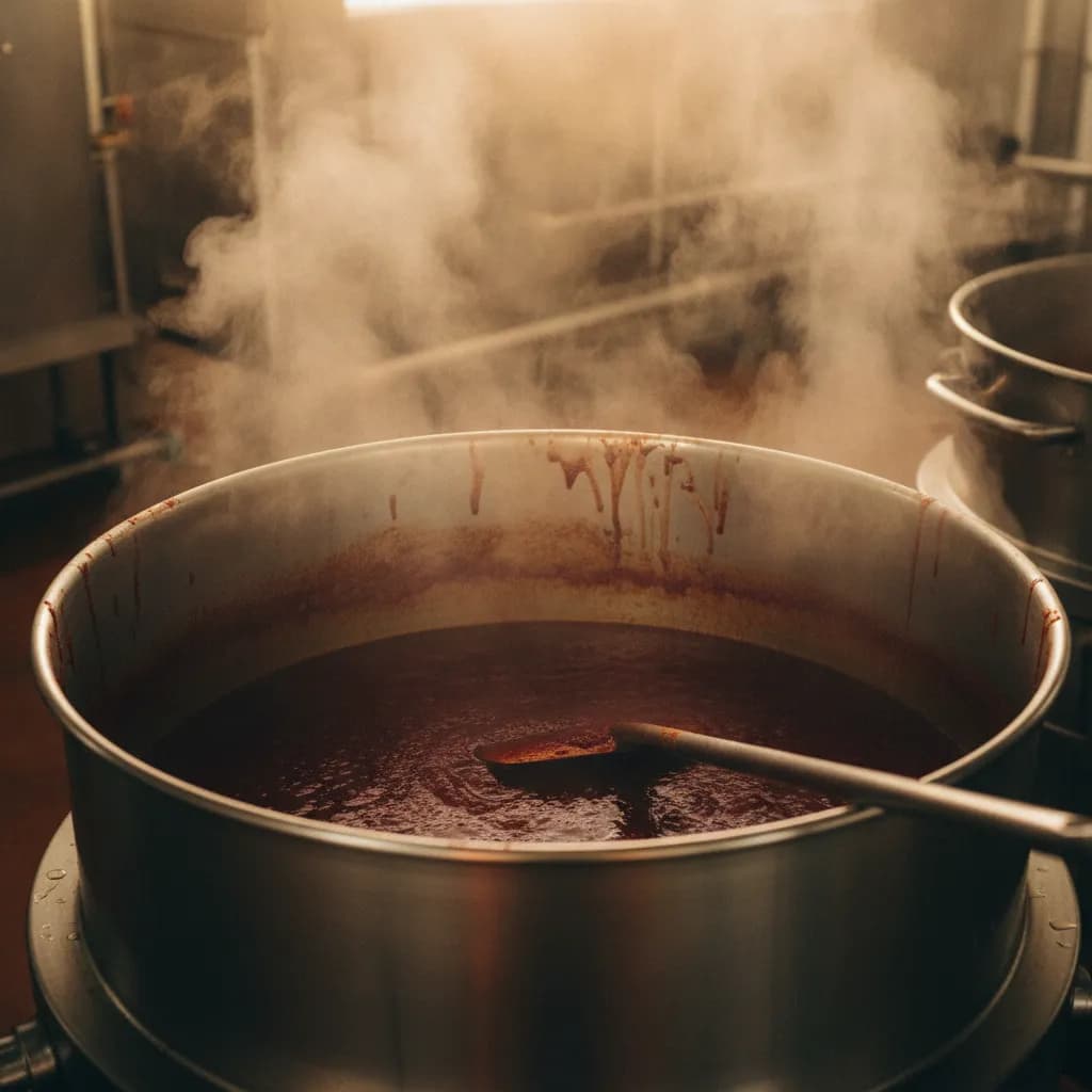 Steam rising from an open steam-jacketed kettle of simmering red sauce with residue clinging to the kettle wall in a production facility