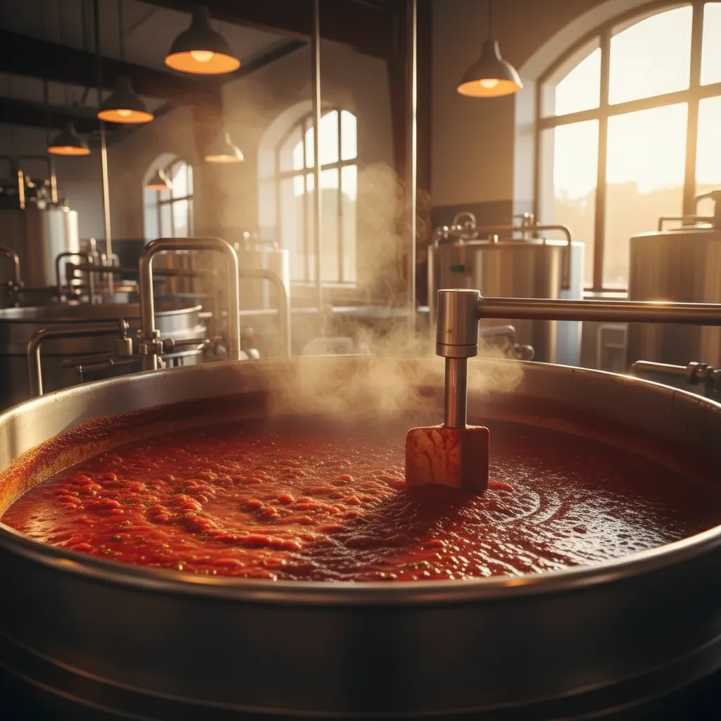 Steaming kettle of chunky red salsa with visible tomato pieces being stirred in a production facility