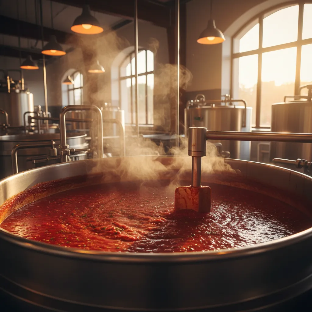 Steam-jacketed kettle with rich sauce being stirred, steam rising in a professional production facility