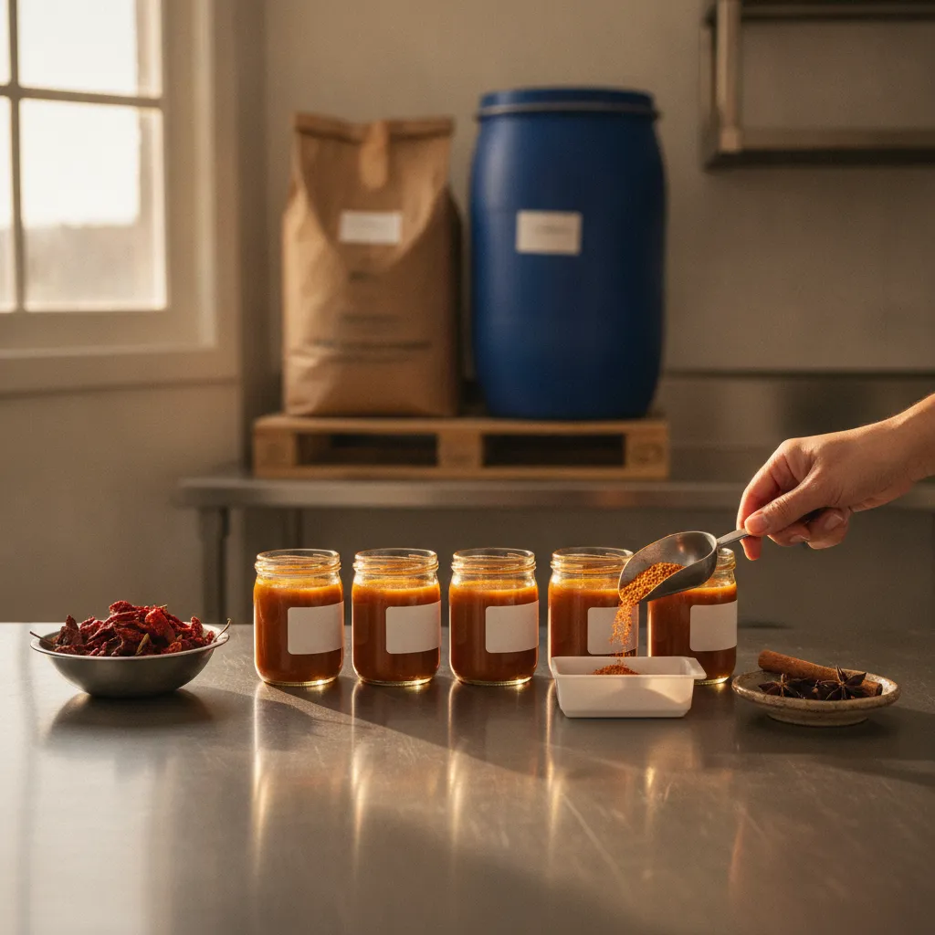 A stainless test-kitchen bench with a short row of small jars of deep orange seasonal sauce, a bowl of dried red chiles, and a hand scooping a little ground spice, with a large ingredient sack and drum on a pallet behind.