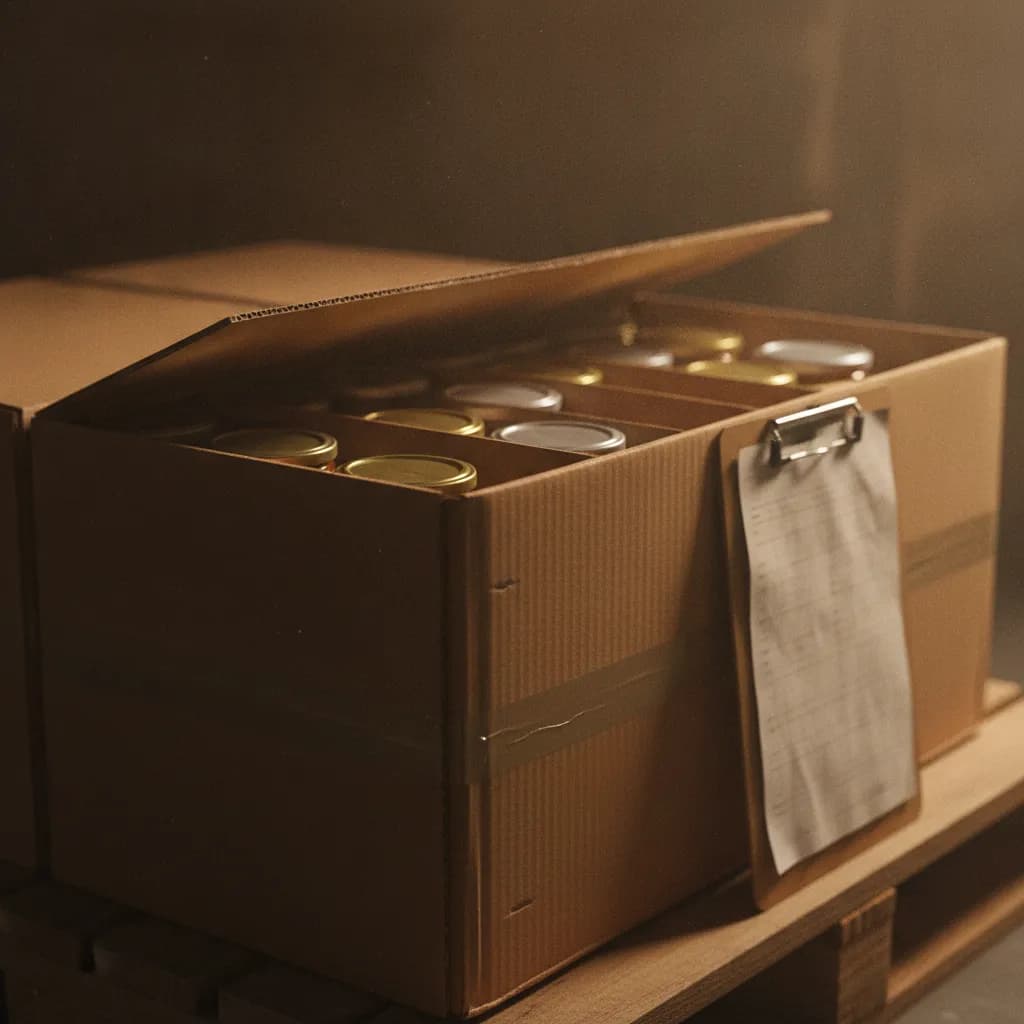 Cases of sauce jars stamped with lot and date codes stacked on a pallet beside a production log on a clipboard