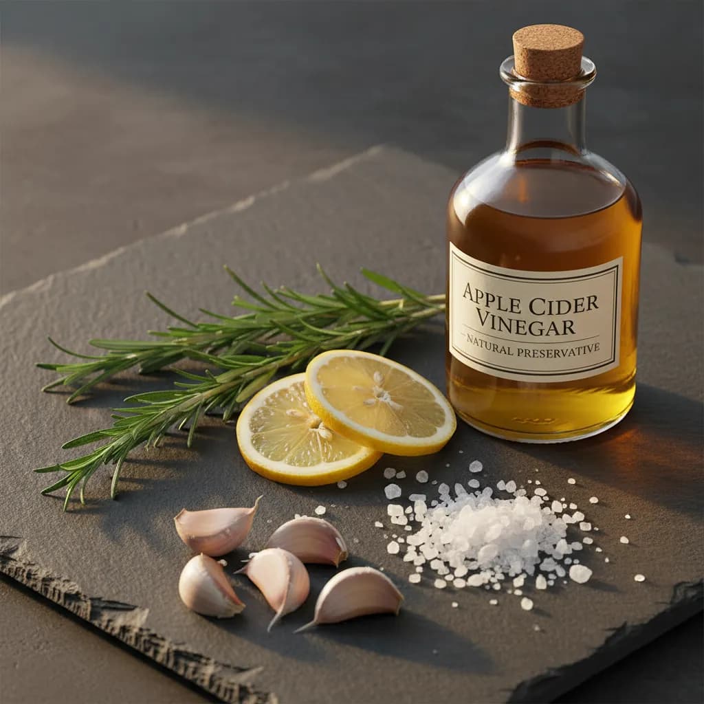 Natural preservation ingredients like rosemary, citrus, and vinegar arranged on a cutting board