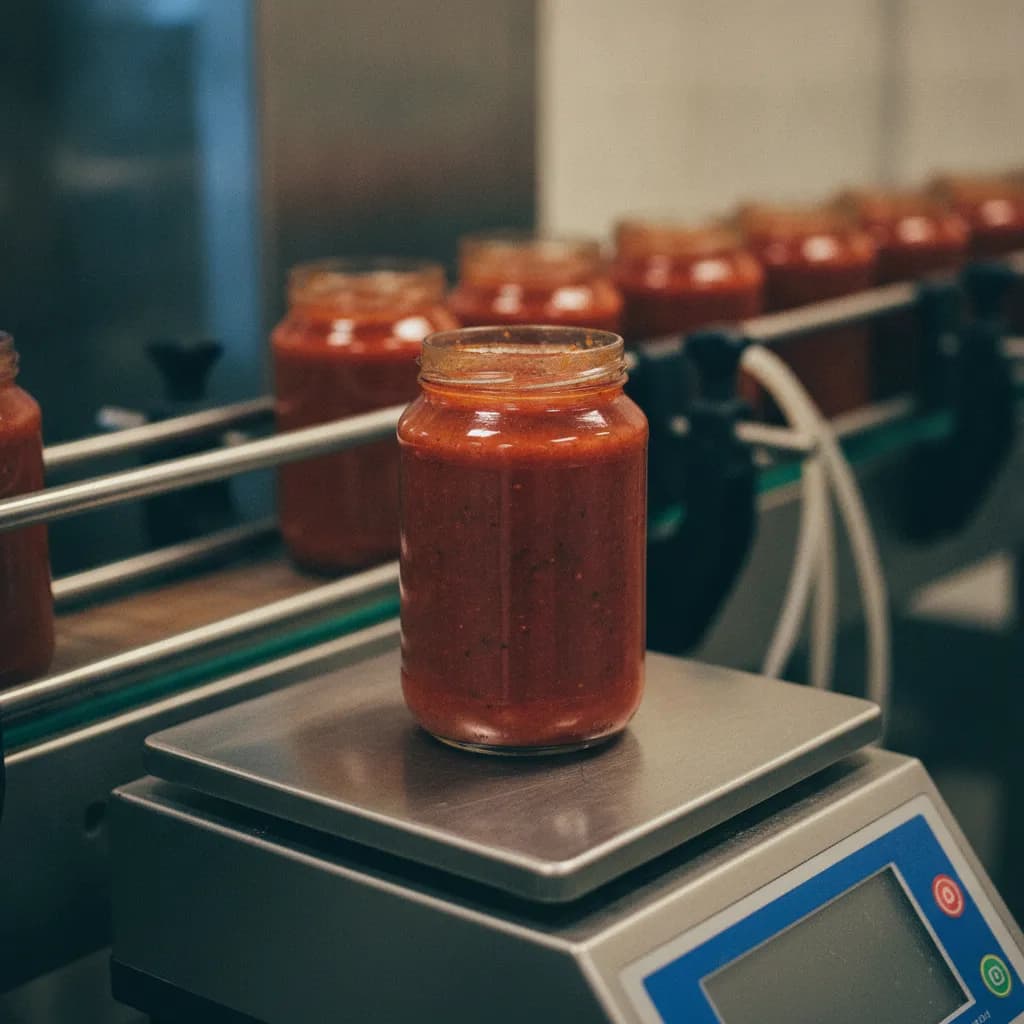 A jar of sauce on a checkweigher scale beside a production log showing fill weight readings in a bottling facility