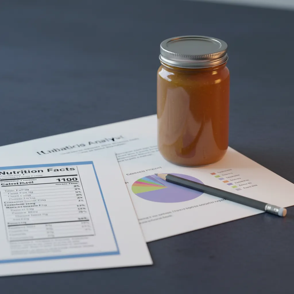 Close-up of a Nutrition Facts panel on a product label next to a laboratory analysis report