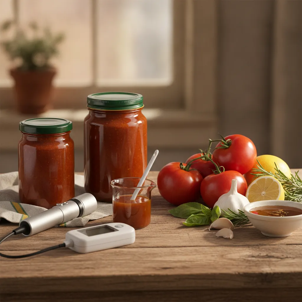 Sunlit wooden counter with glass jars of finished sauce, fresh whole vegetables, herbs and citrus, and a handheld refractometer and small pH meter alongside a notebook