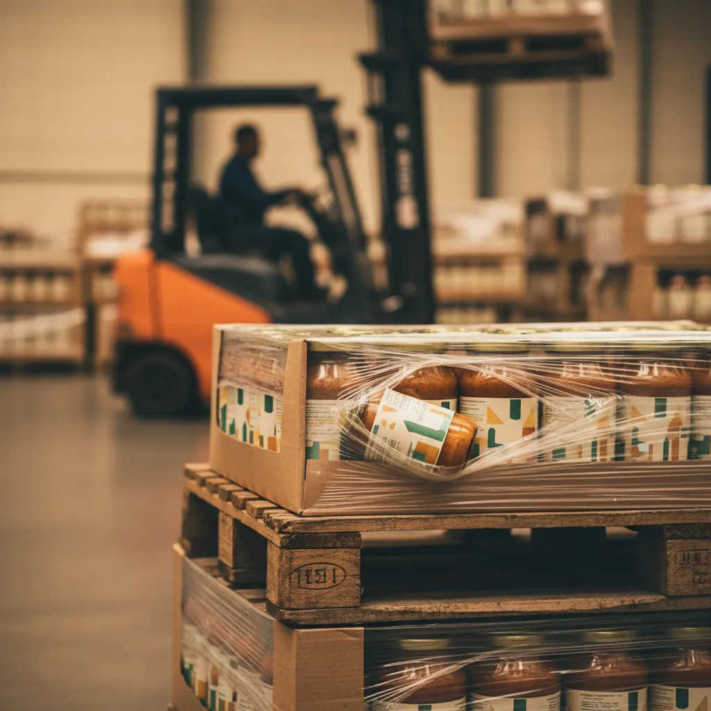 Close-up of sauce jars in shipping cases on a pallet with a damaged case set aside, illustrating packaging stress