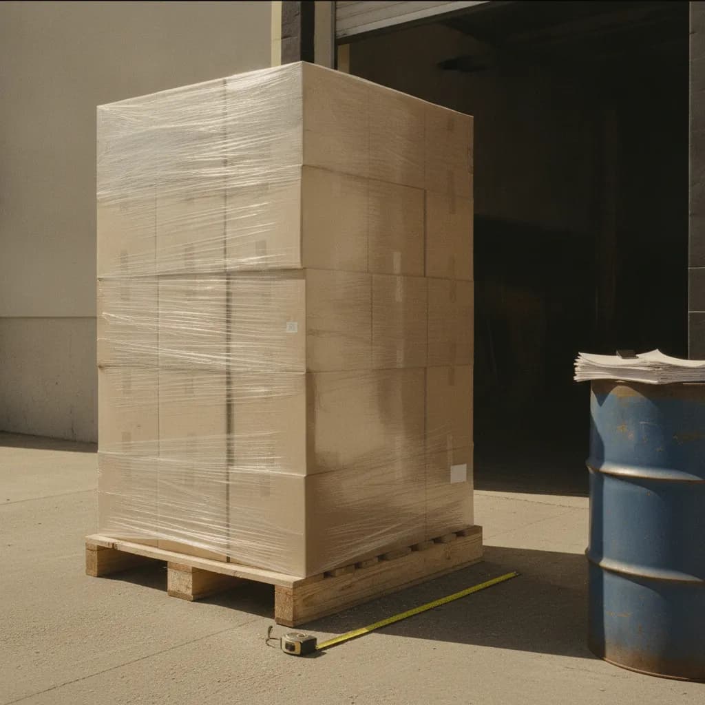 A stretch-wrapped pallet of cased sauce jars on a loading dock beside a tape measure and a bill of lading